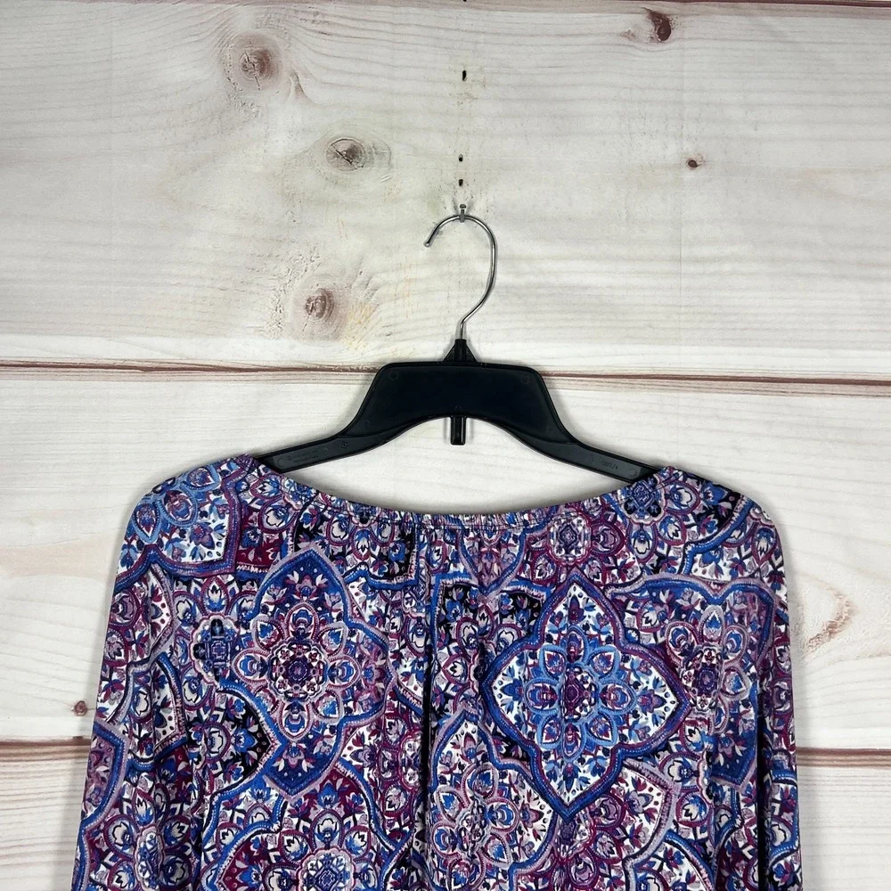 Dressbarn Top Womens Large Purple Paisley Blouse Bell Sleeve Knit Elastic Neck